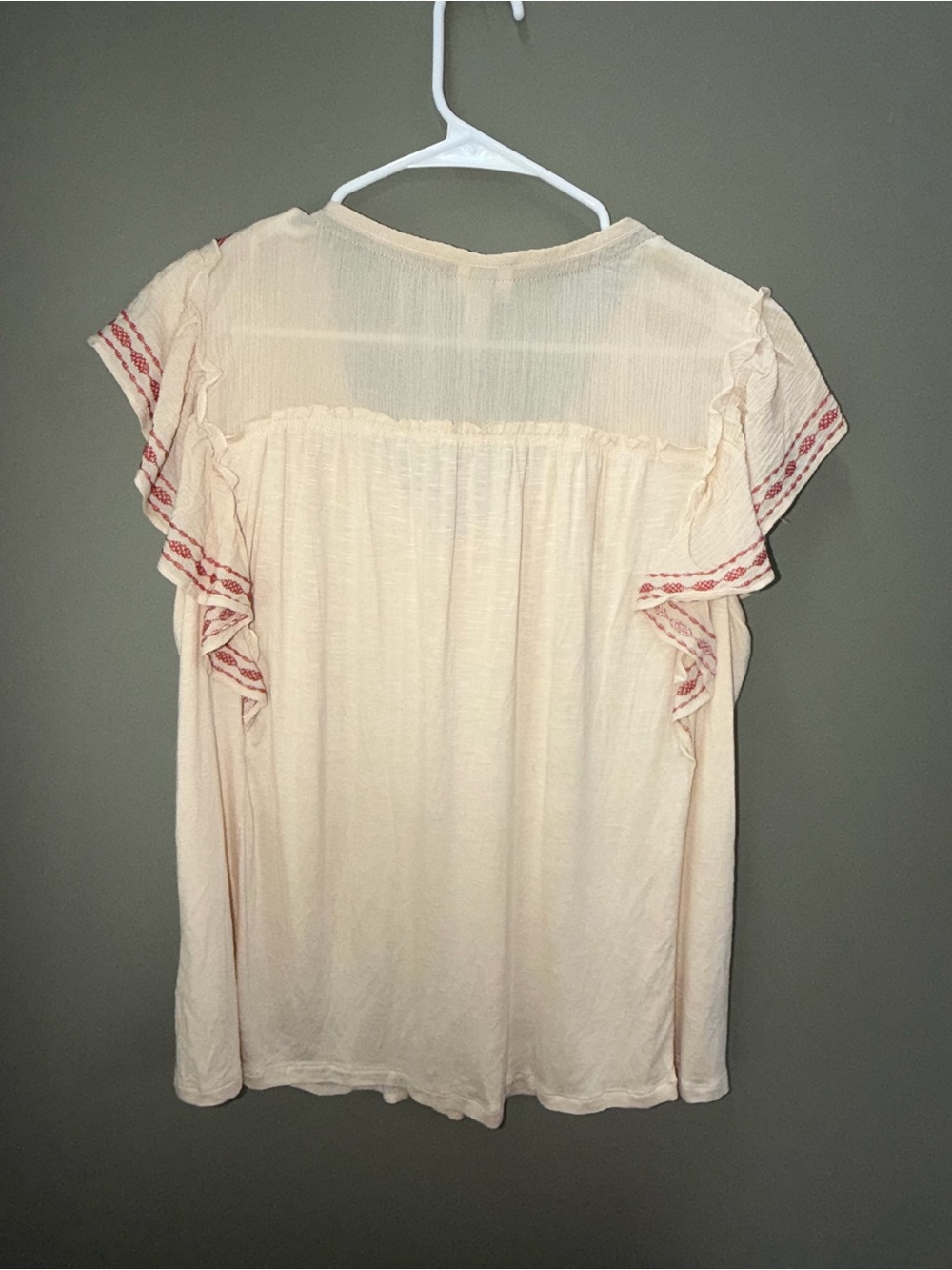 Knox Rose Cream Blouse with Dark Red Embroidery and Ruffled Sleeves sz L New - Picture 2 of 6